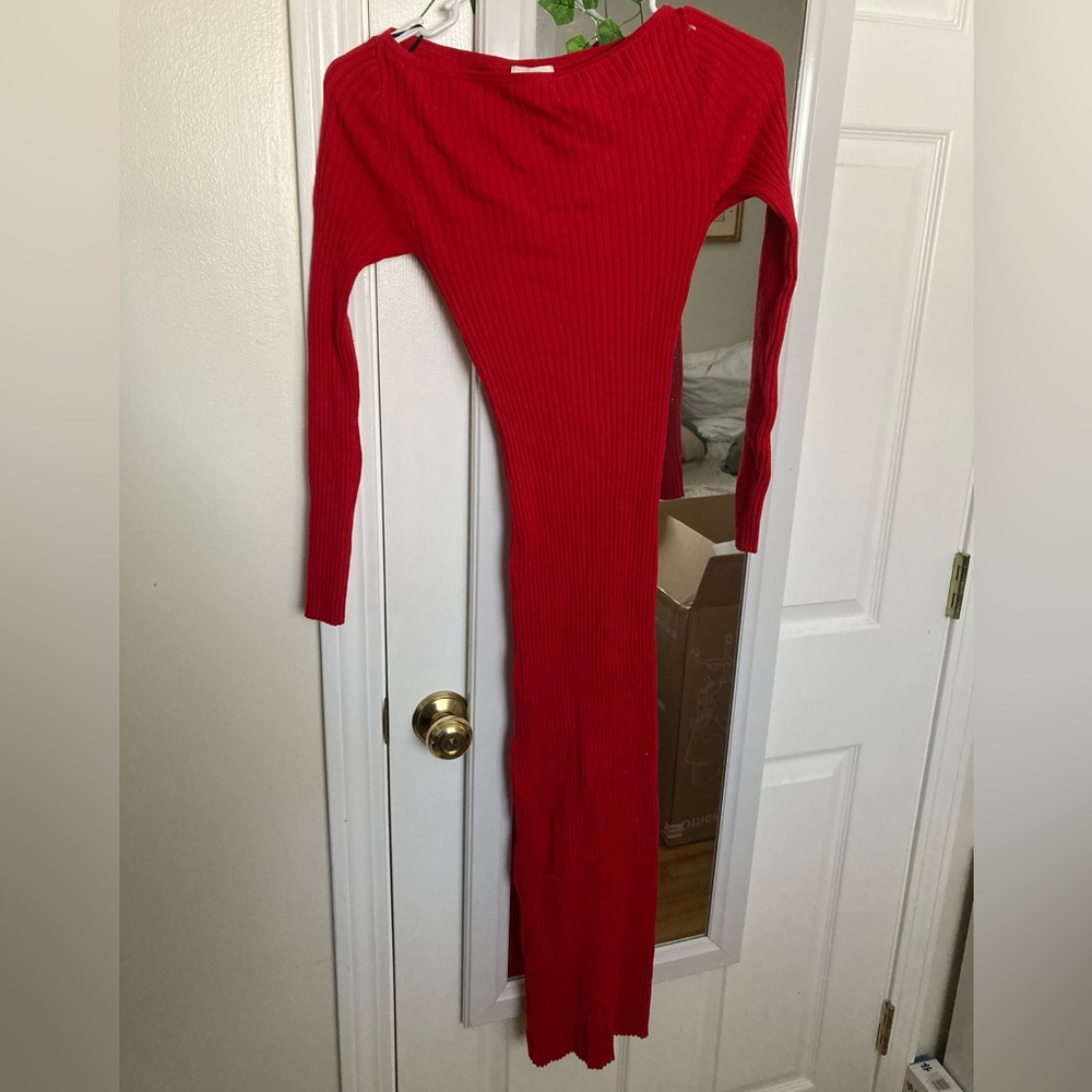 H&M Red Ribbed Long Sleeve Bodycon Midi Dress - Picture 3 of 10
